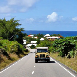 Caribbean Holidays, September Adventures, Jeep tour travelling along a scenic coastal road on St Croix, with tropical vegetation, blue sea and a small Caribbean village
