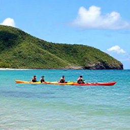 Caribbean Holidays, September Adventures, Kayakers exploring calm coastal waters near Tobago with green hills, clear sea and bright tropical skies