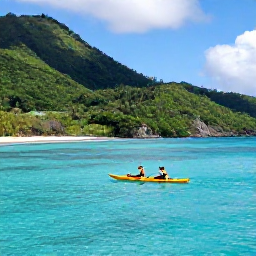 Caribbean Holidays, September Adventures, Kayakers exploring clear turquoise water beside green coastal hills in the United States Virgin Islands, bright tropical daylight