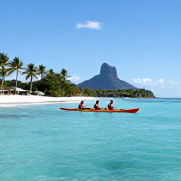 Caribbean Holidays, September Adventures, Kayakers paddling across clear turquoise water near the quiet coast of Nevis, with palm trees and Nevis Peak in the distance