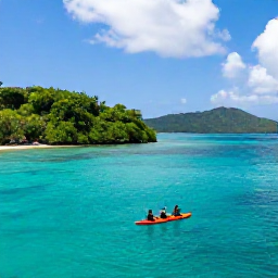 Caribbean Holidays, September Adventures, Kayakers paddling through clear turquoise water beside green Caribbean islands in Saint Vincent and the Grenadines