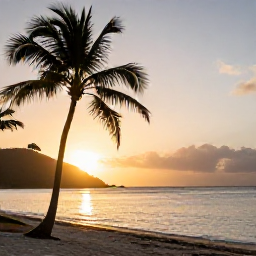 Caribbean Holidays, September Adventures, Relaxed Caribbean beach at sunset in the United States Virgin Islands, with palm trees, calm sea and warm golden light