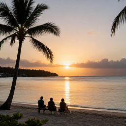 Caribbean Holidays, September Adventures, Relaxed Caribbean evening at a British Virgin Islands beach, with travellers watching the sunset beside calm water and palm trees