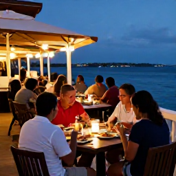 Caribbean Holidays, September Adventures, Relaxed September evening in Philipsburg with waterfront restaurants, lights and people enjoying Caribbean food
