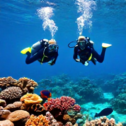 Caribbean Holidays, September Adventures, Scuba divers exploring a colourful coral reef with tropical fish in clear water near the Grenadines