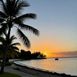 Caribbean Holidays, September Adventures, Sunset over a peaceful Caribbean bay with palm trees, a small boat and warm golden light in September