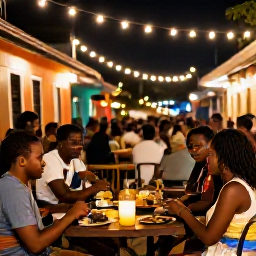 Caribbean Holidays, September Adventures, Travellers enjoying a lively Trinidad and Tobago evening with local food, music and warm street lights