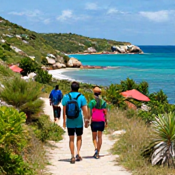 Caribbean Holidays, September Adventures, Travellers hiking along a coastal path on Tortola, with tropical vegetation, rocky hills and views across the British Virgin Islands