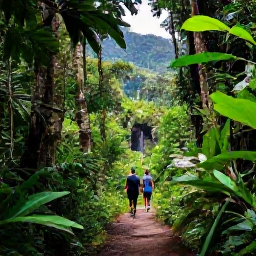 Caribbean Holidays, September Adventures, Travellers hiking through a lush Caribbean rainforest on a marked trail, with tropical plants, a waterfall and distant mountains