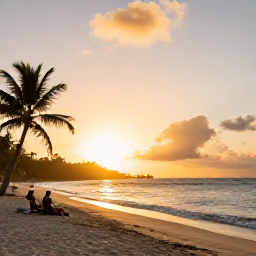 Caribbean Holidays, September Adventures, Travellers relaxing on a quiet sandy beach in Saint Kitts at sunset, with gentle waves, palms and warm golden light