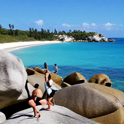 Caribbean Holidays, September Adventures, Visitors climbing over smooth granite boulders at The Baths on Virgin Gorda, with sunlight, clear sea and sandy coves