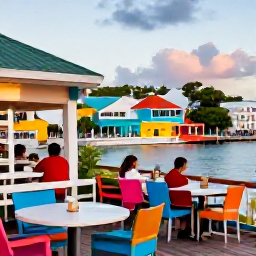 Caribbean Holidays, September All Inclusive, A colourful waterfront restaurant and harbour in Charlotte Amalie, United States Virgin Islands, warm evening light and relaxed Caribbean dining
