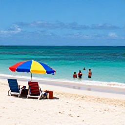 Caribbean Holidays, September All Inclusive, Calm sandy Caribbean beach in September with colourful umbrellas, gentle waves and travellers enjoying swimming and sunbathing