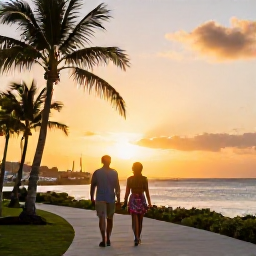 Caribbean Holidays, September All Inclusive, Couple enjoying a sunset walk near a Caribbean all-inclusive resort on Saint Martin, with palm trees and warm evening light