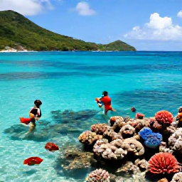 Caribbean Holidays, September All Inclusive, Snorkellers exploring clear shallow water near a colourful coral reef in the US Virgin Islands, tropical fish and sunny September conditions