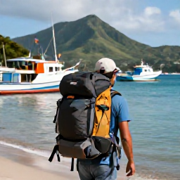 Caribbean Holidays, September Backpacking, A backpacker arriving at a small Caribbean harbour in Saint Vincent, with green mountains, colourful boats and a practical rucksack