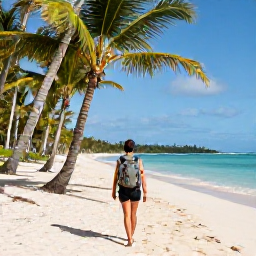 Caribbean Holidays, September Backpacking, A backpacker with a small rucksack walking along a quiet Caribbean beach beneath palm trees in September sunshine