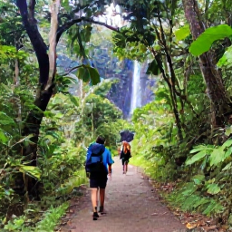Caribbean Holidays, September Backpacking, A lush rainforest trail leading towards a waterfall on Saint Vincent, with backpackers walking beneath tropical trees