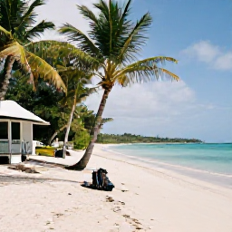 Caribbean Holidays, September Backpacking, A quiet Caribbean beach in September with palm trees, simple guesthouse accommodation and a backpack resting near the shore