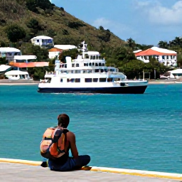 Caribbean Holidays, September Backpacking, A small inter-island ferry approaching Bequia with turquoise water, hillside homes and a backpacker waiting on the quay