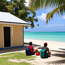 Caribbean Holidays, September Backpacking, Backpackers relaxing at a simple guesthouse near a turquoise Caribbean bay with tropical greenery