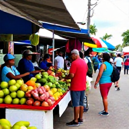 Caribbean Holidays, September Backpacking, Colourful Caribbean market street with local fruit stalls, friendly vendors and backpackers exploring in September
