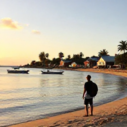 Caribbean Holidays, September Backpacking, Golden evening light over a Caribbean fishing village, with a backpacker watching boats return to shore