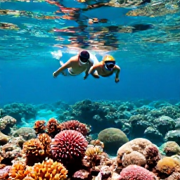Caribbean Holidays, September Bahamas, Couple snorkelling above a colourful coral reef in clear Bahamian water during a sunny September day