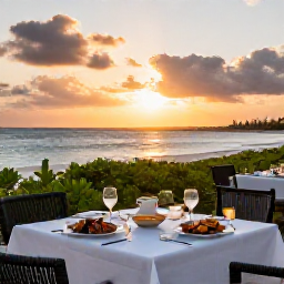Caribbean Holidays, September Bahamas, Elegant adults-only resort restaurant serving fresh seafood at sunset in The Bahamas