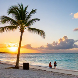 Caribbean Holidays, September Bahamas, Peaceful Bahamian beach with palm trees, calm turquoise water and a couple enjoying a September sunset