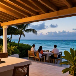 Caribbean Holidays, September Beach Holidays, A comfortable Jamaican resort terrace with sea views, tropical plants and guests enjoying a relaxed September evening