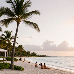 Caribbean Holidays, September Beach Holidays, Comfortable Caribbean resort near a palm-fringed beach, relaxed guests and warm September evening light