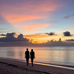 Caribbean Holidays, September Beach Holidays, Couple walking along a peaceful Caribbean beach at sunset in September, calm sea and colourful evening sky