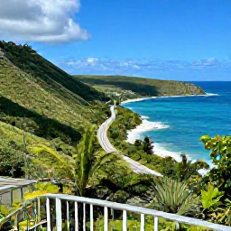 Caribbean Holidays, September Beach Holidays, Green tropical hills, quiet coastal road and brilliant blue sea viewed from a lookout on St John