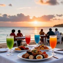 Caribbean Holidays, September Beach Holidays, Outdoor Caribbean restaurant at sunset with fresh seafood, colourful drinks and relaxed diners beside the sea