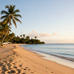 Caribbean Holidays, September Beach Holidays, Quiet golden beach on Saint Vincent and the Grenadines in September, calm turquoise sea, palm trees and soft morning light