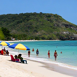 Caribbean Holidays, September Beach Holidays, Visitors swimming and relaxing on a calm Jamaican beach, with colourful umbrellas, clear Caribbean water and lush hills in the background