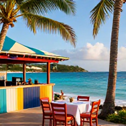 Caribbean Holidays, September Beaches, A colourful Saint Barth&eacute;lemy beach bar beside turquoise water, with a relaxed table setting, palm trees and late afternoon sunshine