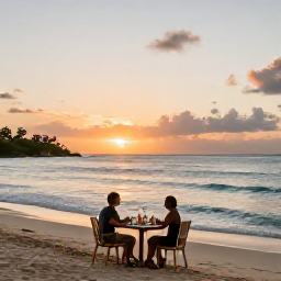Caribbean Holidays, September Beaches, A couple enjoying a sunset dinner near the beach on Saint Kitts, with warm sky colours and calm Caribbean waves