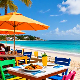 Caribbean Holidays, September Beaches, Colourful beach caf&eacute; beside the sea in Saint Martin, fresh seafood, tropical drinks, relaxed diners and bright September sunshine