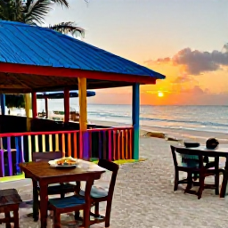 Caribbean Holidays, September Beaches, Colourful Caribbean beach caf&eacute; in Tobago at sunset, local food, wooden tables and relaxed island atmosphere