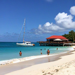 Caribbean Holidays, September Beaches, Colourful September beach holiday in Antigua with snorkellers, a small sailing boat and relaxed seaside bars