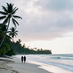 Caribbean Holidays, September Beaches, Couple walking along a quiet Trinidad and Tobago beach after a tropical shower, glowing evening light, palm-fringed shoreline