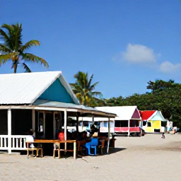Caribbean Holidays, September Beaches, Friendly outdoor caf&eacute; in a Montserrat village, local Caribbean food, colourful buildings and visitors enjoying a relaxed afternoon