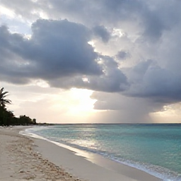 Caribbean Holidays, September Beaches, Peaceful Antigua beach beneath tropical clouds after a brief September shower, with sun returning over turquoise water