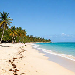 Caribbean Holidays, September Beaches, Quiet Caribbean beach in Trinidad and Tobago in September, turquoise water, soft golden sand, palm trees and a relaxed holiday atmosphere