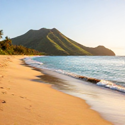 Caribbean Holidays, September Beaches, Quiet golden beach on Montserrat in September, calm turquoise Caribbean water, green volcanic hills and soft morning light