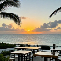 Caribbean Holidays, September Beaches, Relaxed outdoor restaurant beside the sea in Turks and Caicos with a colourful Caribbean sunset