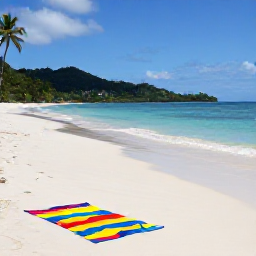 Caribbean Holidays, September Beaches, Traveller relaxing on a peaceful Trinidad beach, colourful towel, calm turquoise sea, coconut palms and distant green hills
