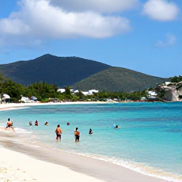 Caribbean Holidays, September Beaches, Travellers swimming and relaxing on the calm turquoise waters of Saint Barth&eacute;lemy, with a picturesque sandy beach and green hills in the background